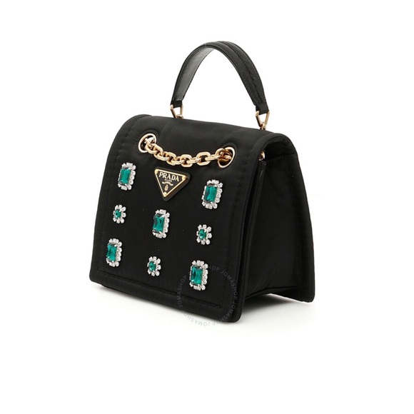 Prada Tessuto Nylon Black Flap Handbag w Emerald and Clear Crystals - Picture 4 of 12